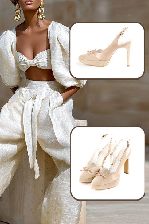 Dress slingback bow heels in champagne white and gold leather with high slim heels with a platform at the front and tapered toe - Worn view